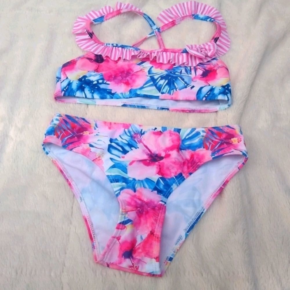 Cute girls pink white blue floral flowers x back bikini ruffles swim suit summer